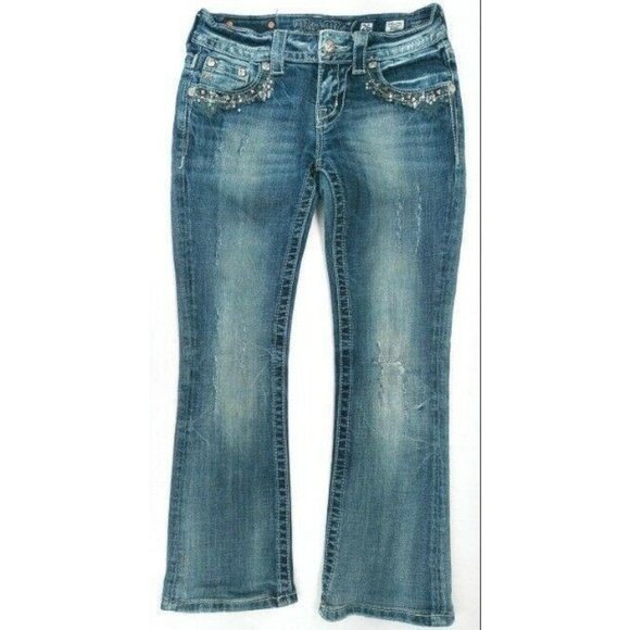 Miss Me Women's Jeans Sz 26 JE8007BR Boot Sequin Rhinestone Distressed Back Flap - Picture 3 of 12